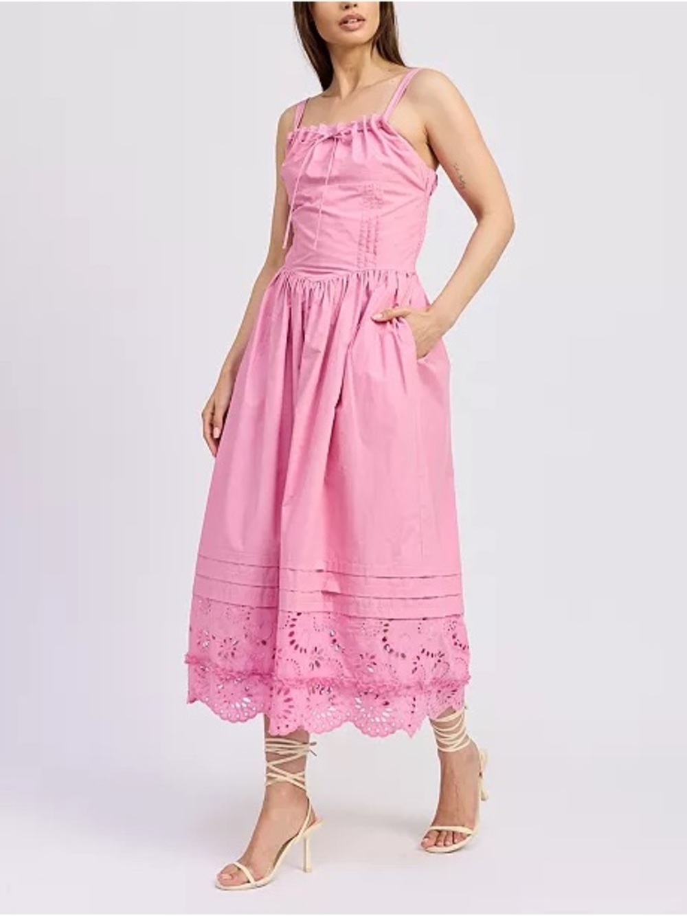 EN Saison Peyton 100% Cotton Midi Dress Pink Size Medium Eyelet Cottagecore